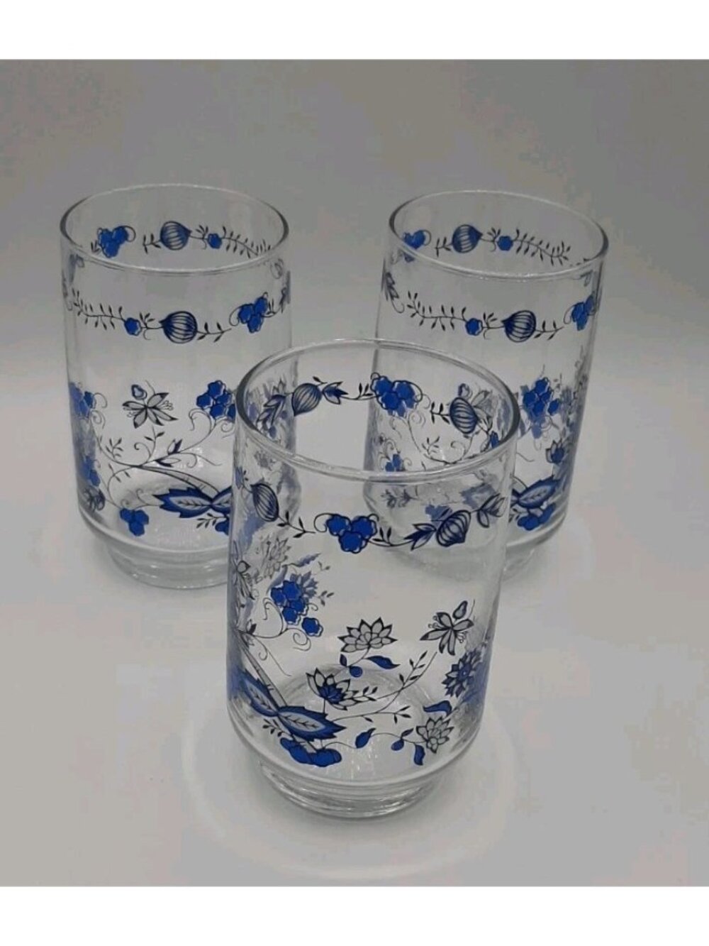 Vintage Libbey Blue Onion Blue Floral 1985 Glass Drink Tumblers Footed Set 3